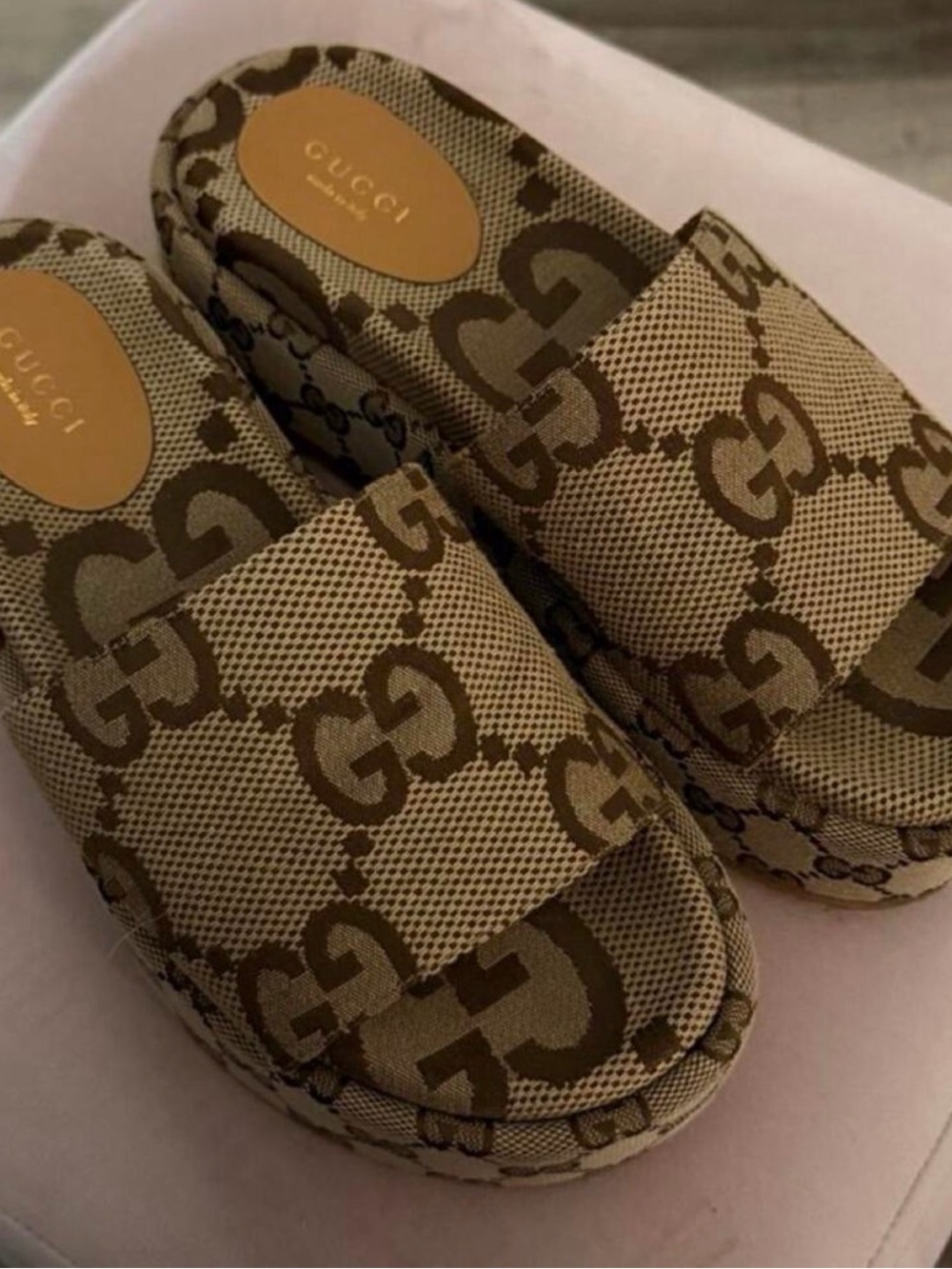Gucci Beige & Brown GG Canvas Slide Sandals